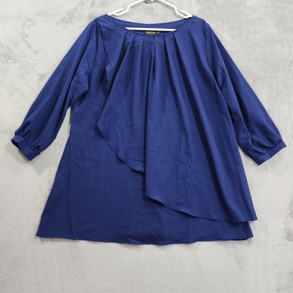 NEW Reborn Top Womens XL Blue Navy Pleated Asymmetrical Tunic 3/4 Sleeve Blouse‎